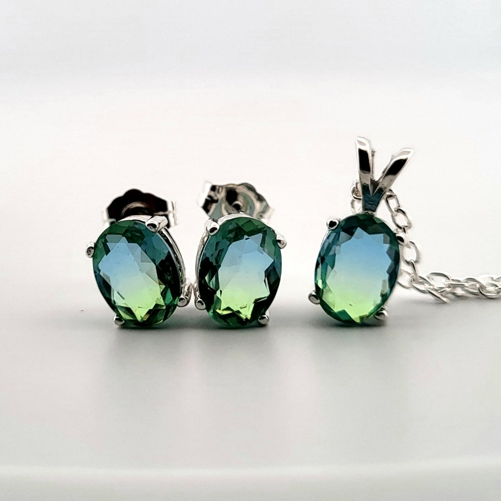 Oval Blue & Green Tourmaline Sterling Silver Earring/Necklace Set 3OBGTSSENSMG